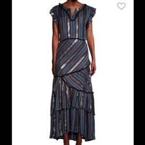 Tessora Long Dress Blue Metallic Stripes Large M2